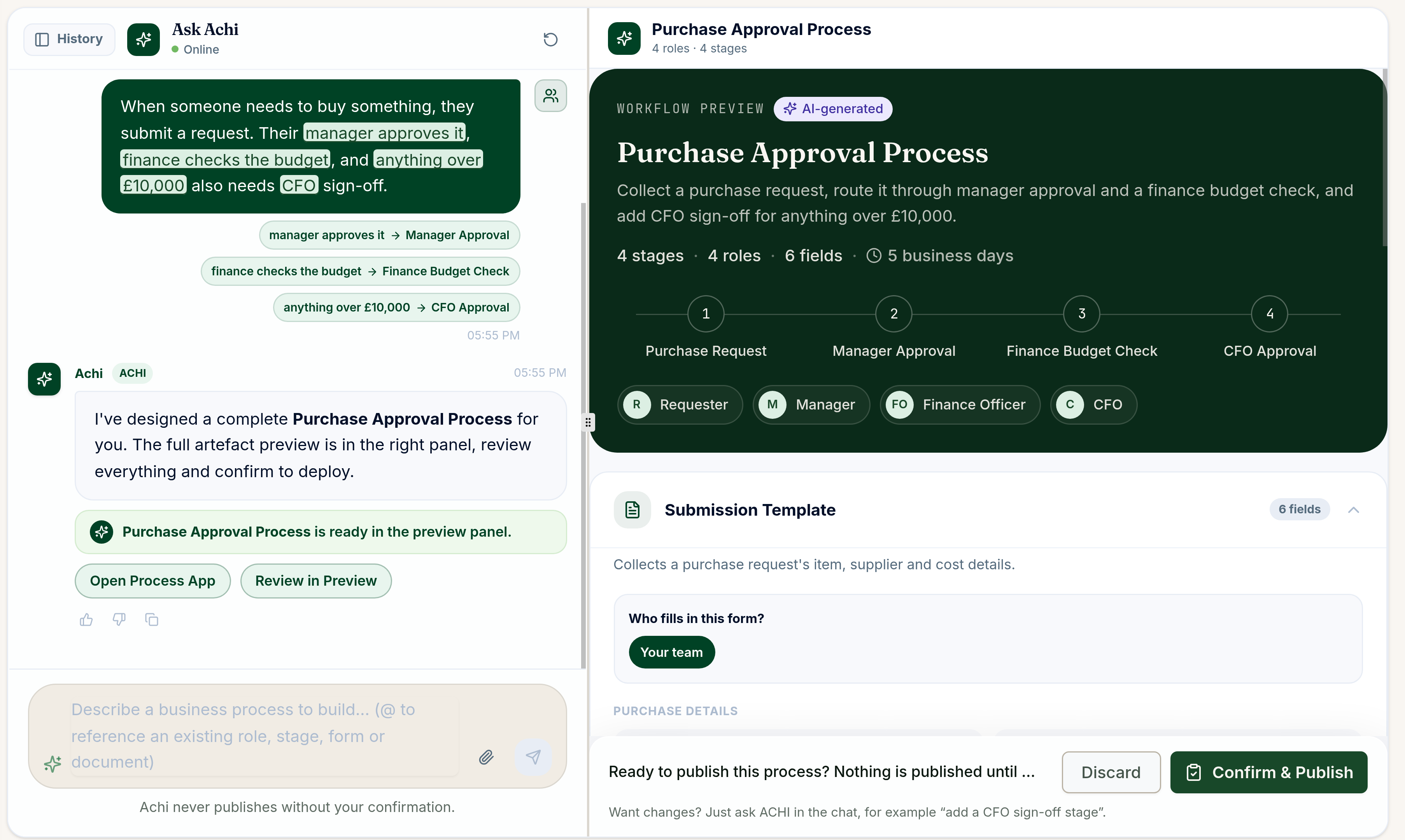 Achi turning a plain-English description of a purchase approval process into stages, roles and a CFO sign-off