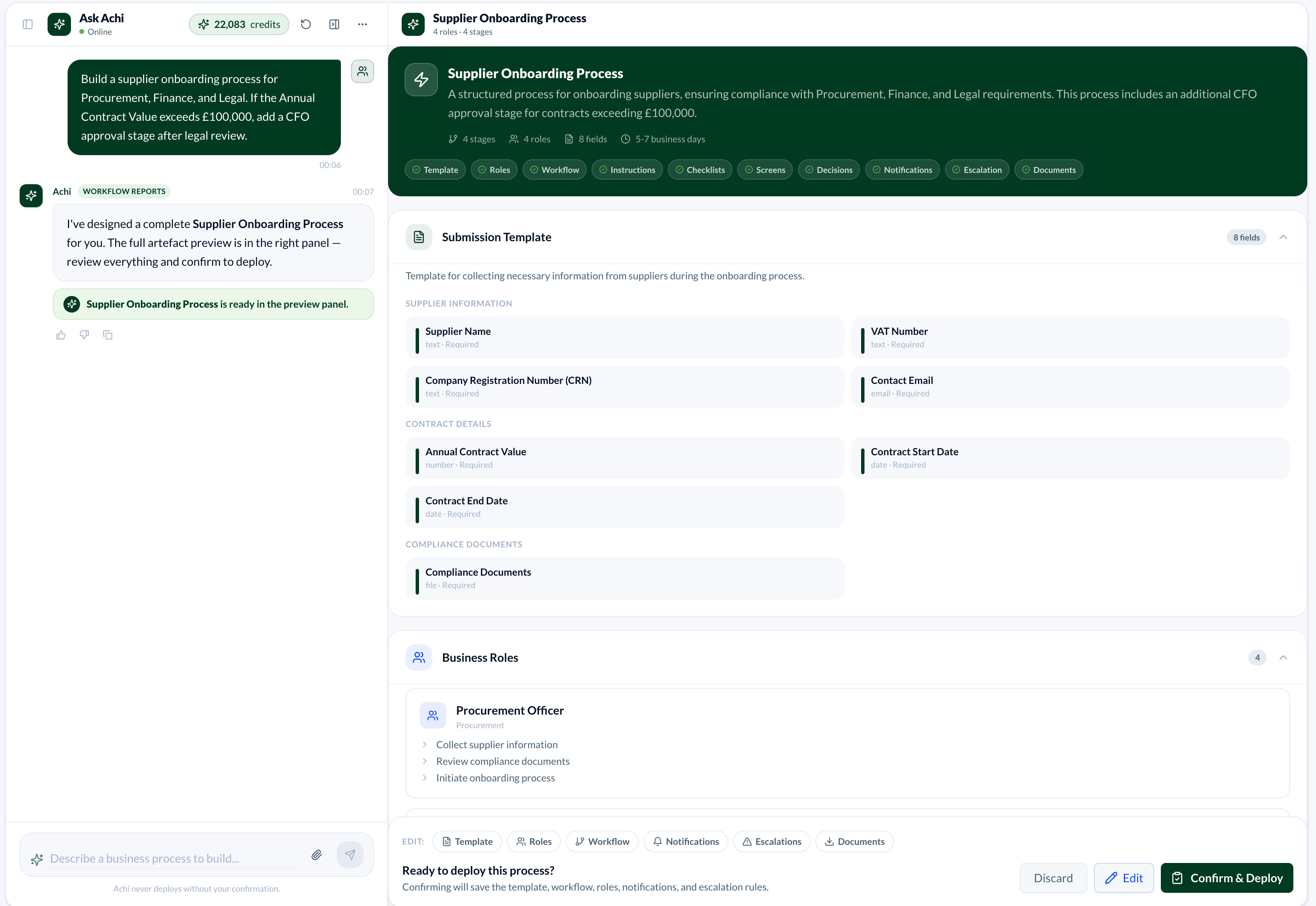 Ask ACHI chat showing a supplier onboarding process request and the generated Process App preview with roles, template fields and workflow