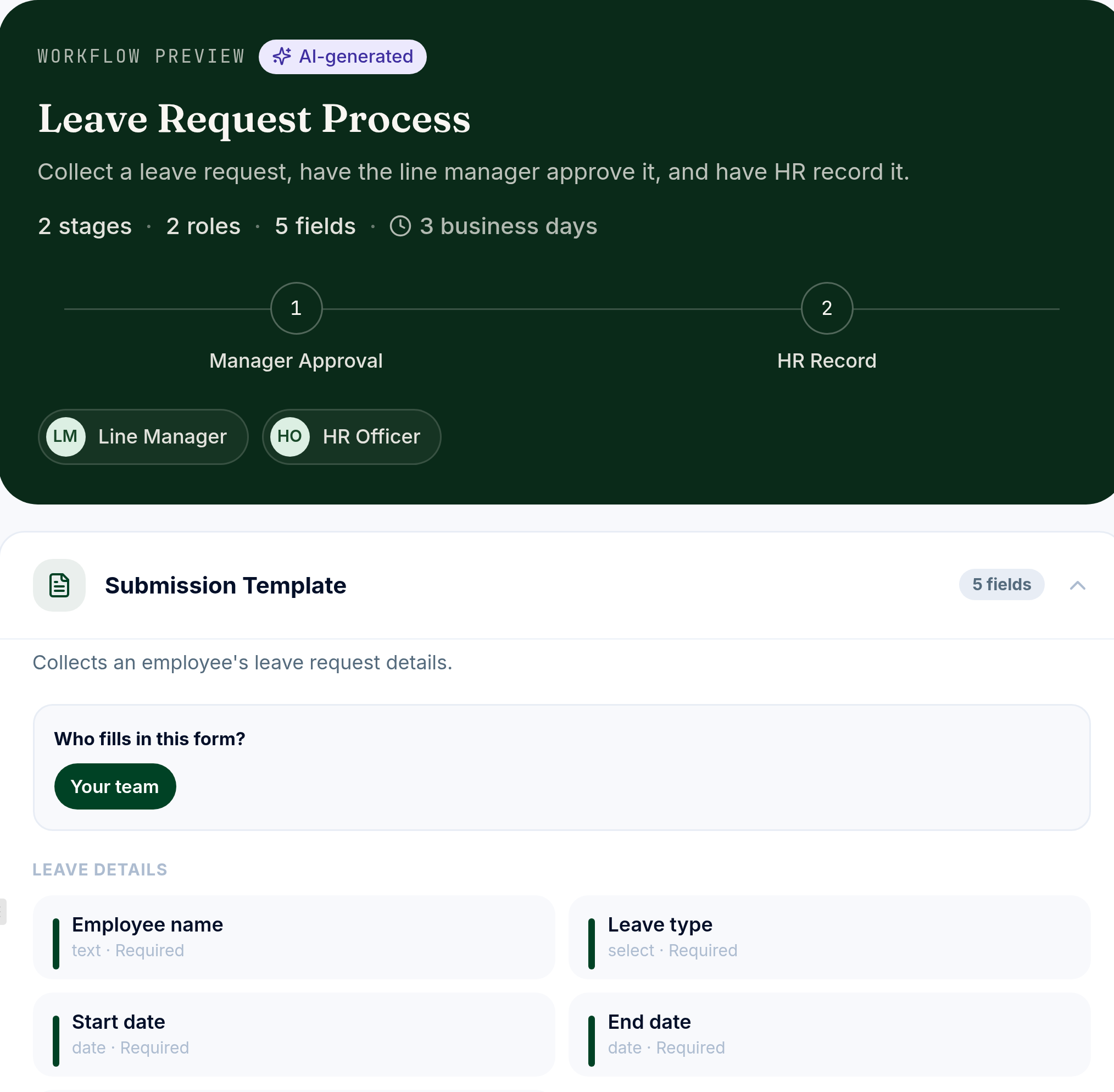 Achi workflow preview for leave request (demo data)