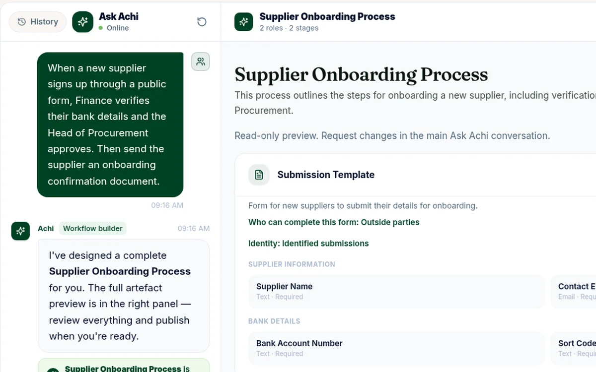 Ask Achi with a supplier onboarding prompt typed in: a new supplier signs up through a public form, Finance verifies their bank details and the Head of Procurement approves.